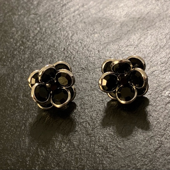 Black Beaded Rose Flower Stud Earrings with Silver Tone Trim - Picture 3 of 9
